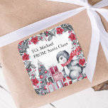 Cute Penguin From Santa Kids Christmas Square Sticker<br><div class="desc">Cute kids christmas stickers featuring a washed out grey background,  elegant watercolor xmas red florals & foliage,  adorable baby penguins,  xmas tree,  gifts,  and a text template for you to customize.</div>