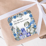 Cute Penguin From Santa Kids Christmas Square Sticker<br><div class="desc">Cute kids christmas stickers featuring a washed out grey background,  elegant watercolor xmas blue florals & foliage,  adorable baby penguins,  xmas tree,  gifts,  and a text template for you to customize.</div>