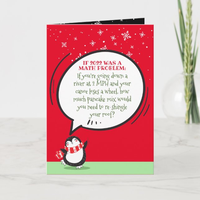 Cute Penguin Funny 2020 Math Problem Quote on Red Holiday Card (Front)
