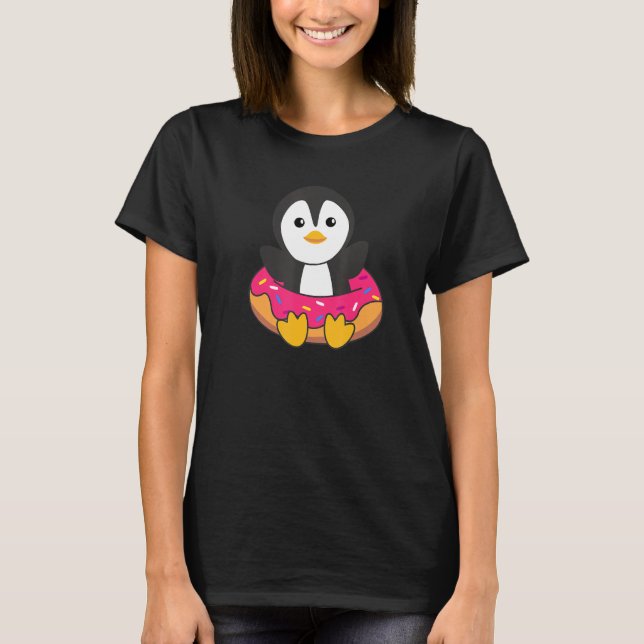 Cute Penguin Funny Animals In Doughnut Sweet Pastr T-Shirt (Front)
