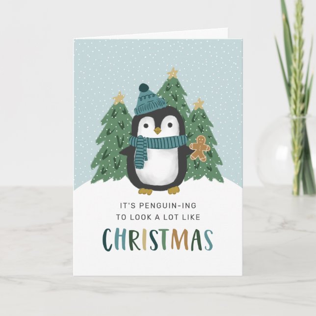 Cute Penguin Funny Penguin-ing Christmas  Holiday Card (Front)