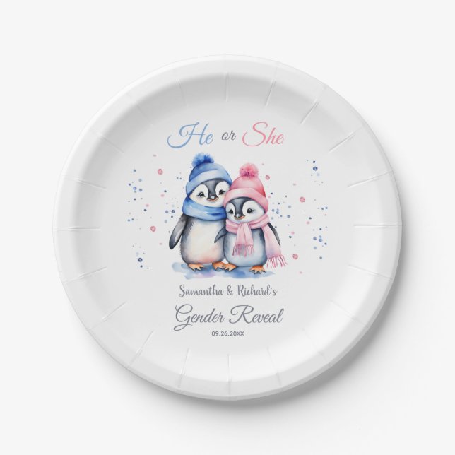 Cute Penguin Gender Reveal He or She Winter Fall Paper Plate (Front)