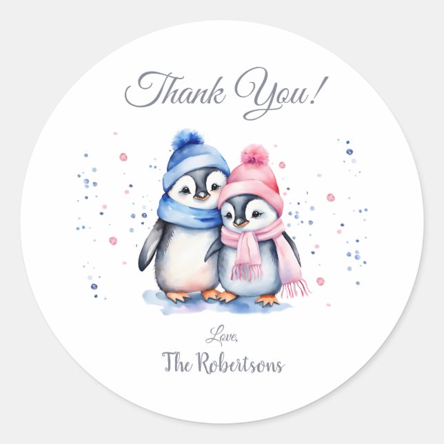 Cute Penguin Gender Reveal Thank You Favour Sticke Classic Round Sticker (Front)