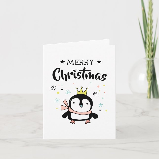Cute penguin gold crown merry christmas holiday card (Front)