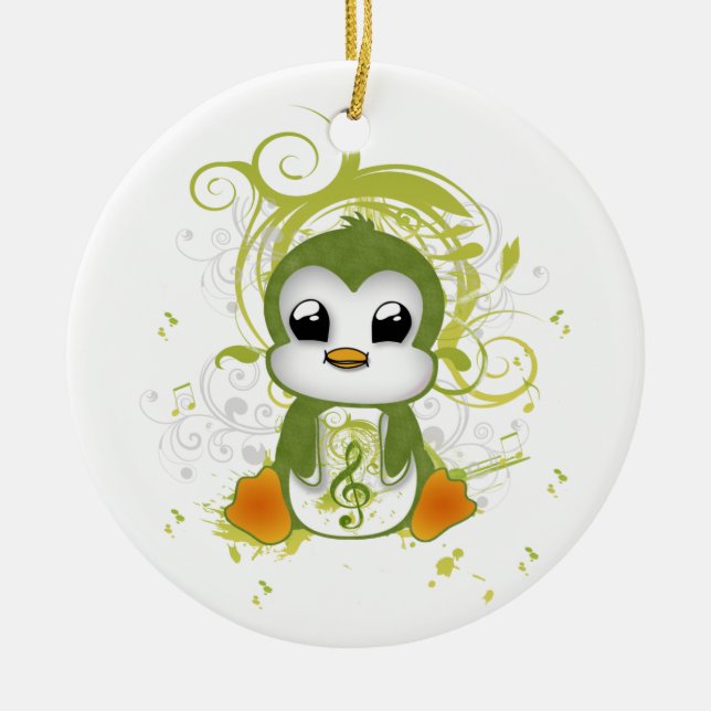 Cute penguin green fluffy effect music note swirls ceramic ornament (Front)