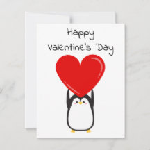Cute penguin holding a big red heart - card