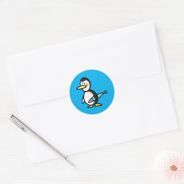 Cute Penguin Holding a Blue Fish Classic Round Sticker (Envelope)