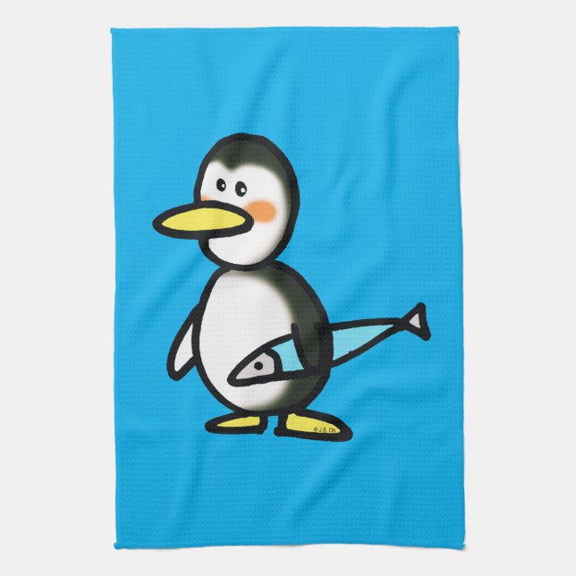 Cute Penguin Holding a Blue Fish Kitchen Towel (Vertical)