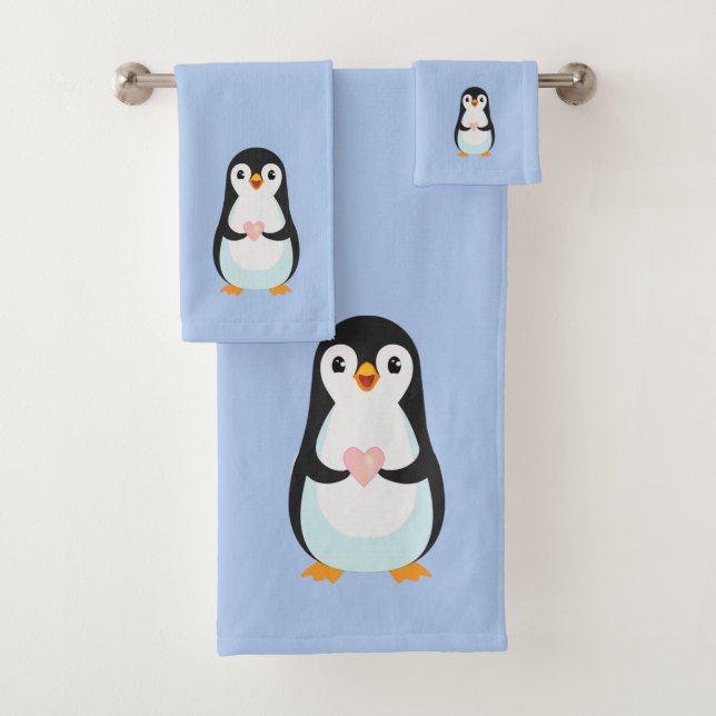 Cute Penguin Holding a Heart on Light Blue Bath Towel Set (Insitu)
