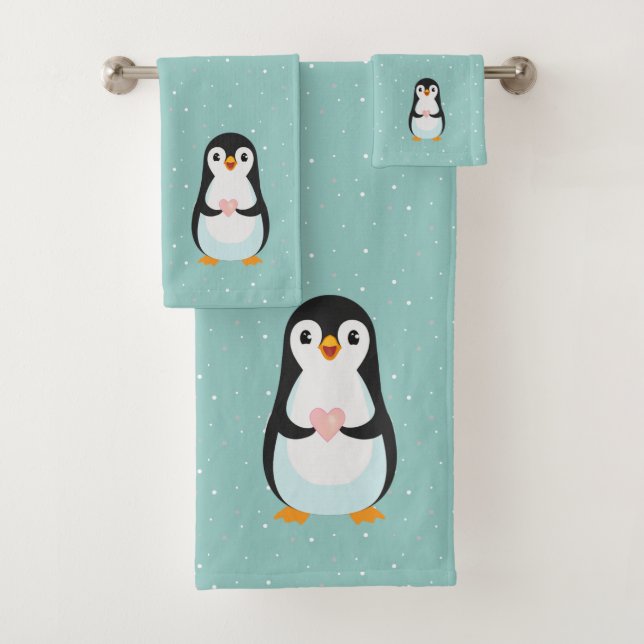 Cute Penguin Holding a Heart on Teal Bath Towel Set (Insitu)