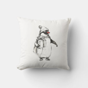 Cute Penguin Holding Gift Throw Pillow