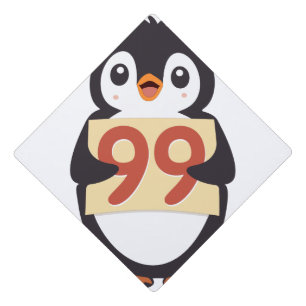 Cute penguin holding sign with the number 99 on it graduation cap topper