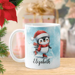 Cute Penguin Ice Skating Blue Red Custom Christmas Coffee Mug<br><div class="desc">Create a stylish personalized Christmas coffee mug with a festive design that features a cute penguin ice skating in a red Santa hat, scarf and figure skates. The snowy blue winter scene adds festive vibes to the holiday season, making this mug perfect for hot chocolate, cocoa, coffee, or tea. Personalize...</div>