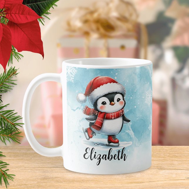 Cute Penguin Ice Skating Blue Red Custom Christmas Coffee Mug (Creator Uploaded)