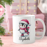 Cute Penguin Ice Skating Custom Pink Christmas