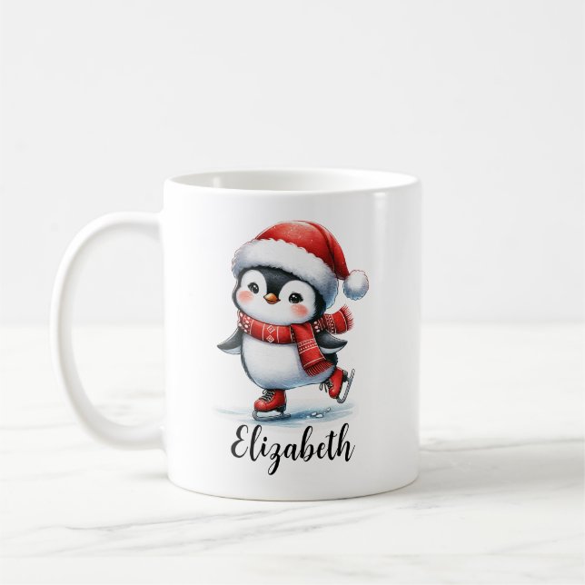 Cute Penguin Ice Skating Custom Red Christmas Coffee Mug (Left)