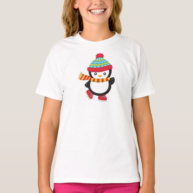Cute Penguin, Ice Skating Penguin, Hat, Scarf T-Shirt (Front)