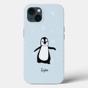 Cute Penguin illustration Blue Snow Custom Name iPhone 13 Case