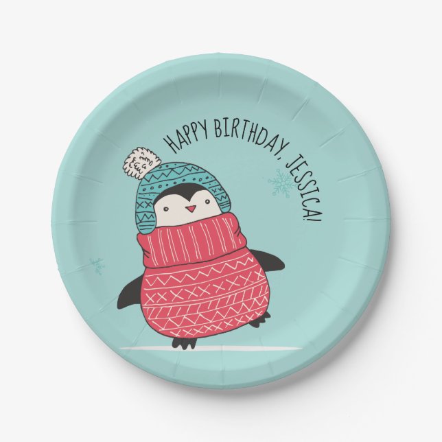 Cute Penguin in a Sweater Personalized Paper Plate (Front)