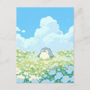 Cute Penguin in Blue and White Meadow Postcard