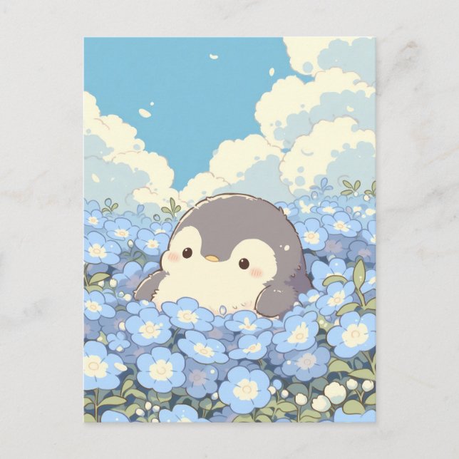 Cute Penguin in Blue Flower Meadow Postcard (Front)