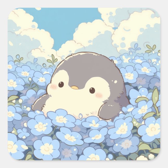 Cute Penguin in Blue Flower Meadow Square Sticker (Front)