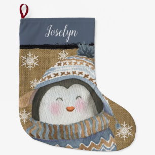 Cute Penguin in Blue Tan Sweater Hat Name Large Christmas Stocking