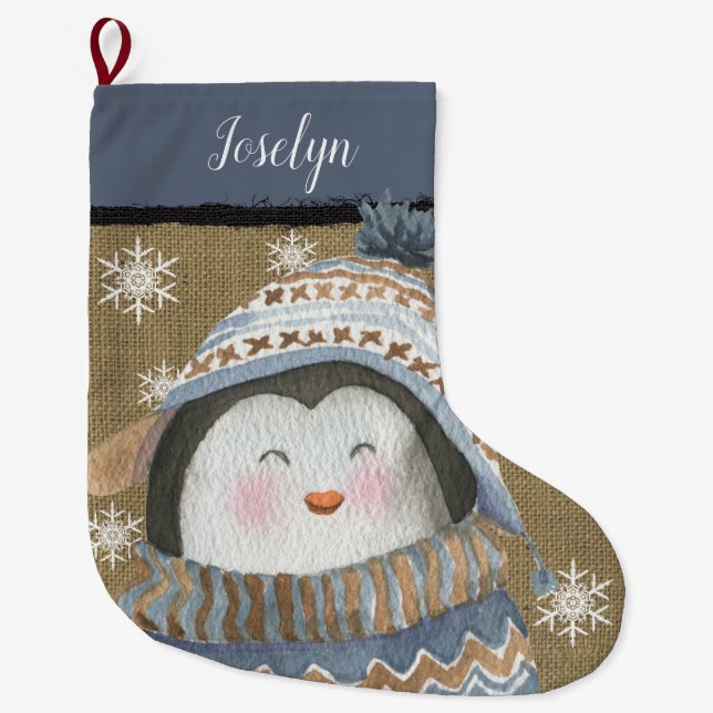Cute Penguin in Blue Tan Sweater Hat Name Large Christmas Stocking (Front)