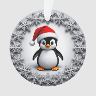 Cute Penguin in Christmas Hat Festive Snowflakes Ornament