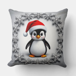 Cute Penguin in Christmas Hat Festive Snowflakes Throw Pillow