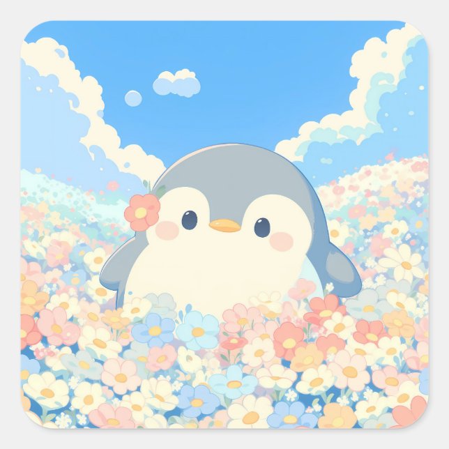 Cute Penguin in Colorful Spring Meadow Square Sticker (Front)