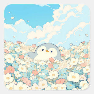 Cute Penguin in Colorful Wildflower Meadow Square Sticker