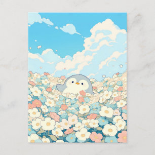 Cute Penguin in Colourful Flower Meadow Postcard