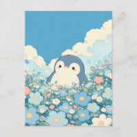 Cute Penguin in Pastel Flower Meadow