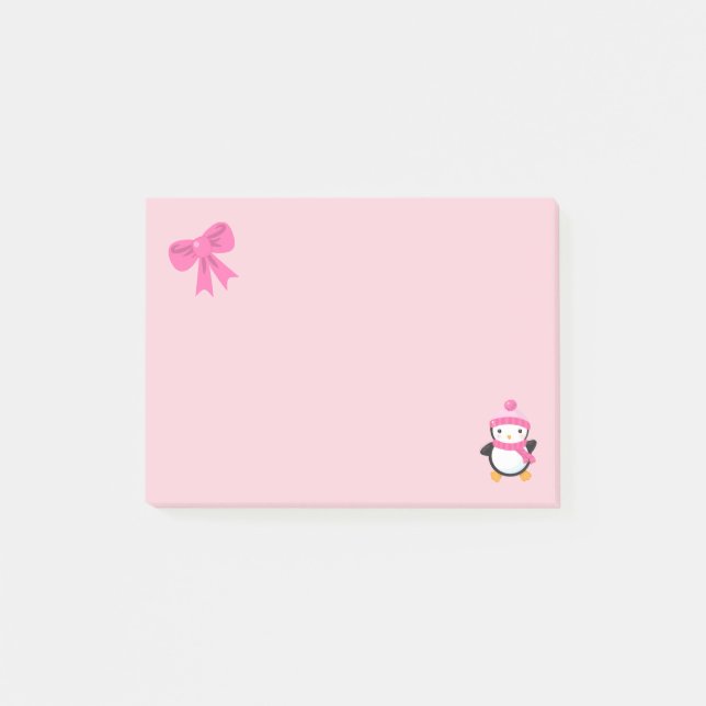 Cute Penguin in Pink Hat and Scarf and Pink Bow Post-it Notes (Front)