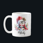 Cute Penguin in Red Custom Name Christmas Coffee Mug<br><div class="desc">Create a unique personalized Christmas mug that features a cute penguin in a red Santa hat and scarf,  surrounded by festive greenery and ornaments.</div>