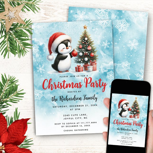 Cute Penguin in Santa Hat Blue Festive Christmas Invitation (Creator Uploaded)