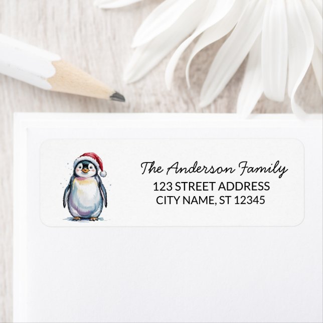 Cute Penguin in Santa Hat Christmas Return Address (Insitu)