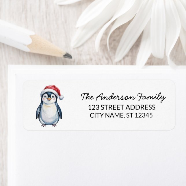 Cute Penguin in Santa Hat Christmas Return Address (Insitu)