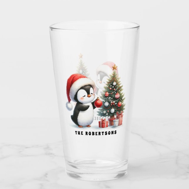 Cute Penguin in Santa Hat Custom Family Christmas Glass (Front)