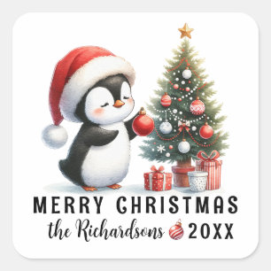 Cute Penguin in Santa Hat Custom Merry Christmas Square Sticker