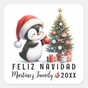 Cute Penguin in Santa Hat Feliz Navidad Square Sticker