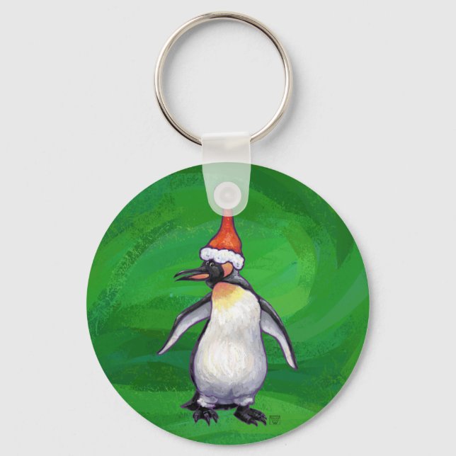 Cute Penguin in Santa Hat on Green Keychain (Front)