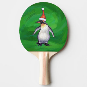 Cute Penguin in Santa Hat on Green Ping Pong Paddle
