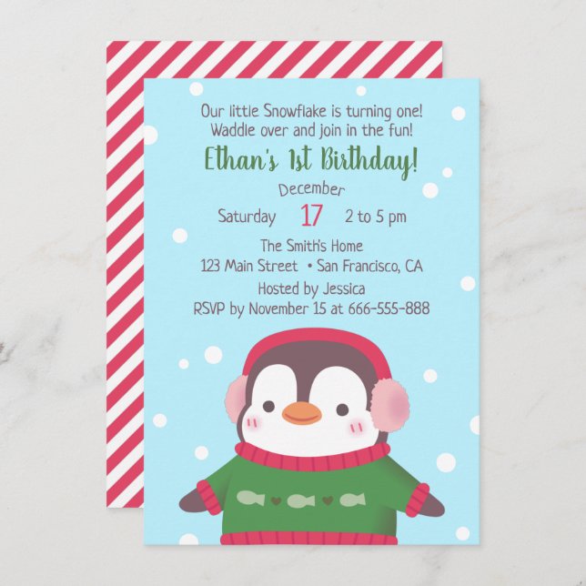Cute Penguin In Sweater Birthday Party Invitations (Front/Back)