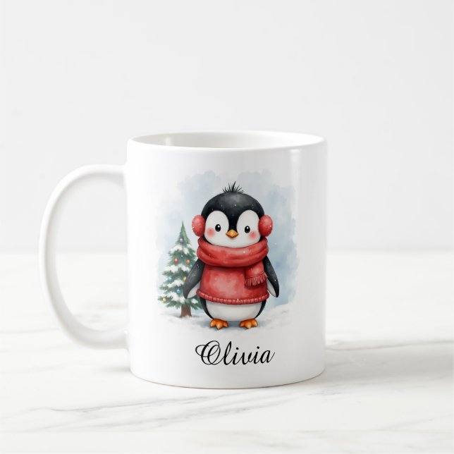 Cute Penguin in Sweater Custom Name Mug (Left)