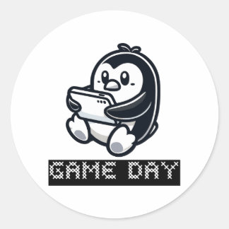 Cute Penguin is playing a Video Game - Game Day Classic Round Sticker
