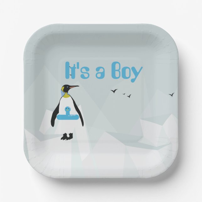 Cute Penguin "It's a Boy" baby shower Paper Plate (Front)