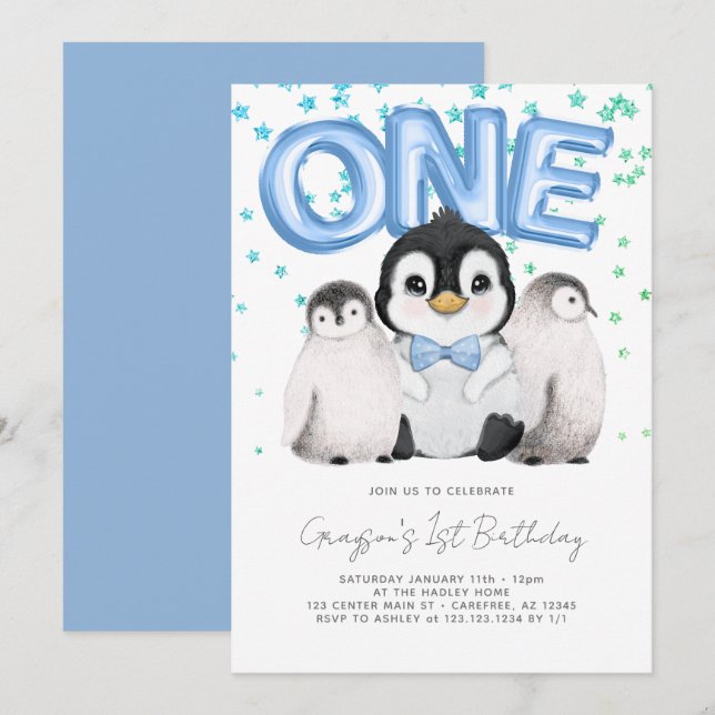 Cute Penguin Kids First 1st Birthday Invitation (Front/Back)