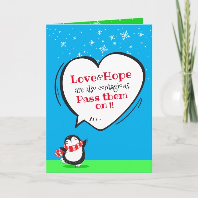 Cute Penguin Love & Hope Quote on Blue Holiday Car (Front)